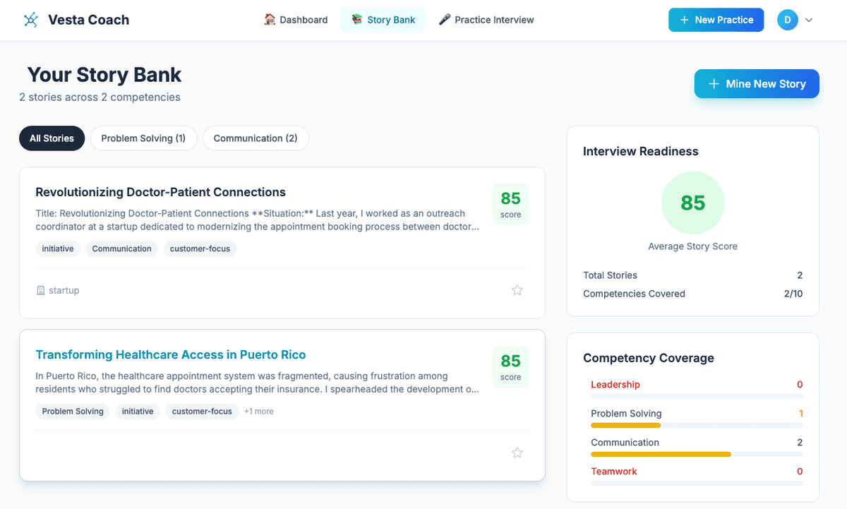 Story Miner voice interface showing real-time STAR extraction
